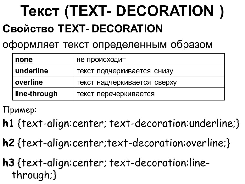 Текст (TEXT- DECORATION ) Свойство TEXT- DECORATION оформляет текст определенным образом Пример: h1 {text-align:center;